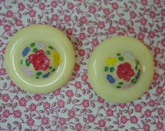 2 Vintage Celluloid 1" Buttons Domed Center of Painted Flowers