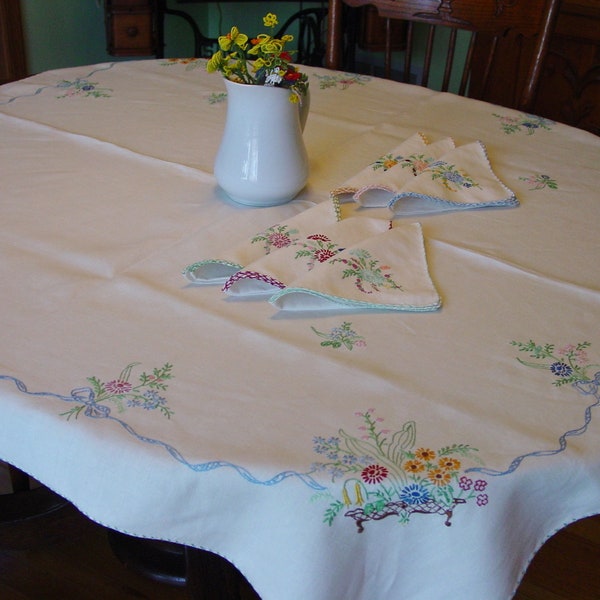 Lovely Vintage Linen Tablecloth and 6 Napkins, Hand Embroidered on Linen Summertime Flowers 50 x 52"