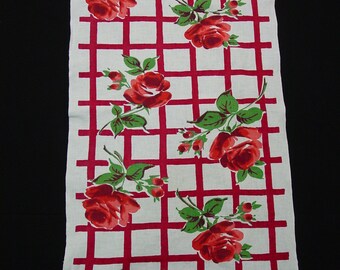 Pretty Vintage Tea Towel or Runner 17 x 32" Colorful Red Roses , Burgundy Grid