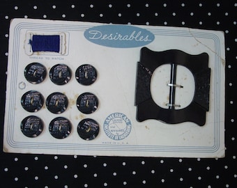 Vintage Set of Buckle and Buttons on Original Card Black Plastic, Texture, Nice Design, Black