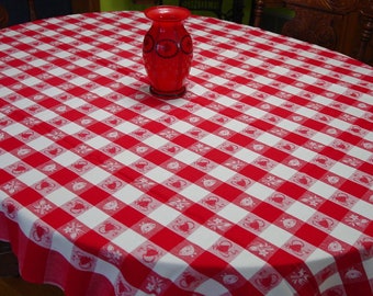 Super Vintage Tablecloth Red & White Woven Checks LARGE 53 x 89" Picnic Size Kitchen Decor