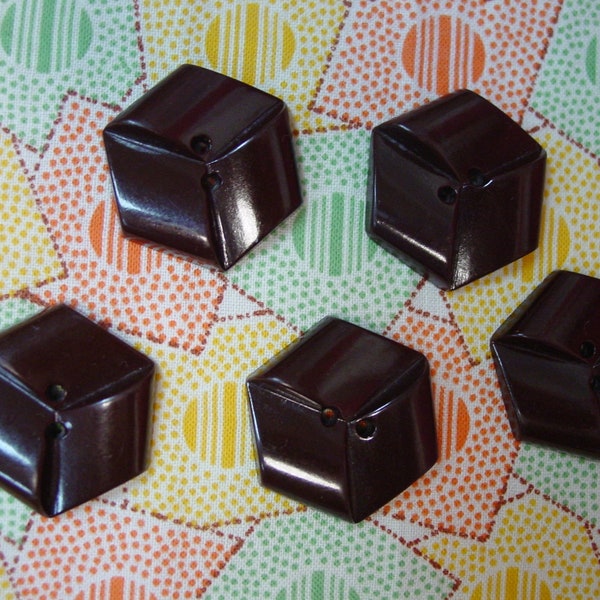 Nice Set of 5 Vintage Plastic Buttons, Hexagon Shape, Baby Blocks, 2 Sew Thru Holes, Chocolate Brown 1"