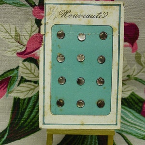 12 Tiny Vintage Smokey Pearl Trims 5/16&quot; 2 Holes at Top, Original Nouveaute Card
