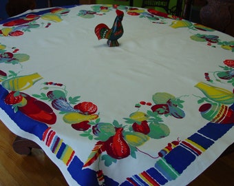 Super Vintage Wilendur Tablecloth "Manjares" 49 x 54" Bright Gourds, Pottery and Stripe Fiesta Time!