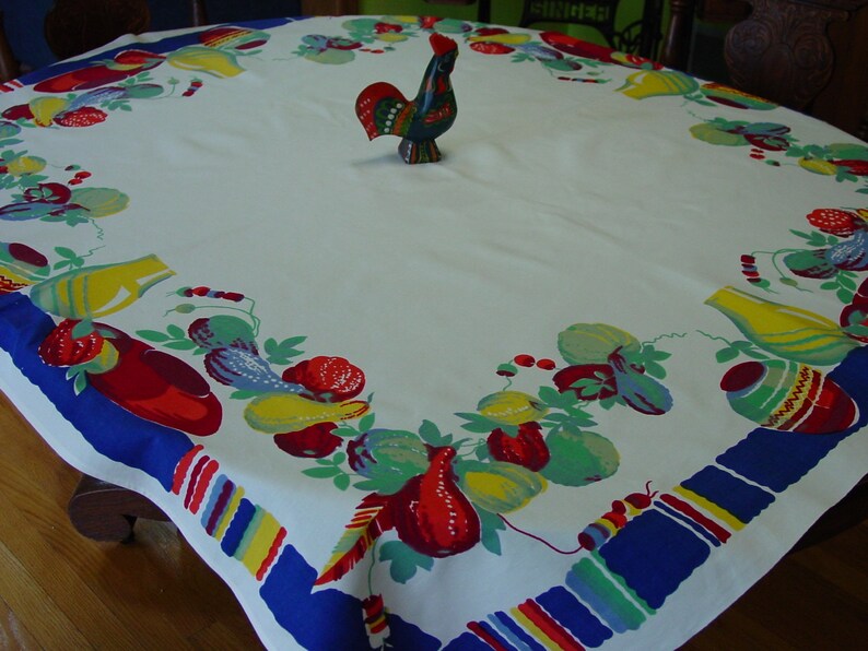 Super Vintage Wilendur Tablecloth Manjares 49 x 54 Bright Gourds, Pottery and Stripe Fiesta Time image 1