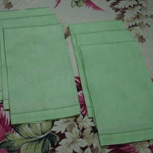 Set of 6 Pretty Vintage Guest Towels Green Linen Damask  13 1/2 x 22"