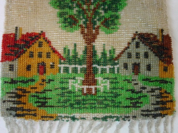 Beautiful Antique Beaded Purse Scenic Tree, House… - image 3