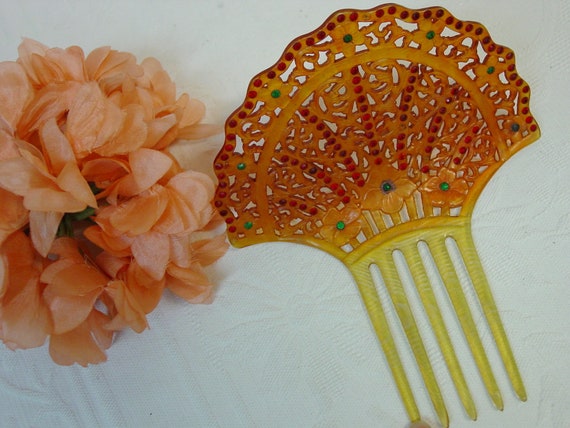 Beautiful Vintage/antique Hair Comb 2 Color Celluloid Orange 