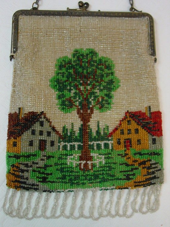 Beautiful Antique Beaded Purse Scenic Tree, House… - image 5