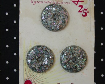 3 Pretty Vintage Buttons on Original Lansing Card 7/8" Embedded with Colorful Pearl Chips 2  Sew Thru Holes