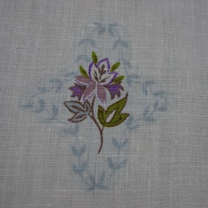 Cute Vintage Small Tablecloth White Linen with Purple and Blue Designs 34 x 34 image 3