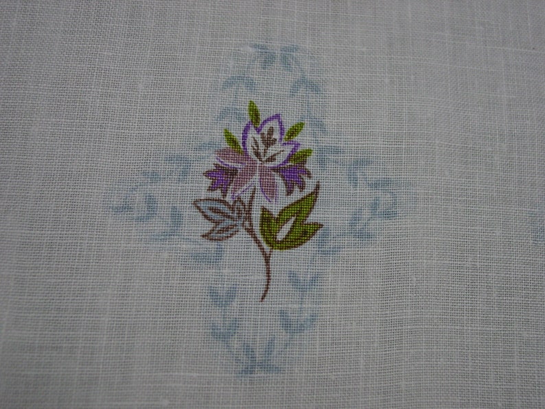 Cute Vintage Small Tablecloth White Linen with Purple and Blue Designs 34 x 34 image 3