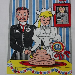 Fun Vintage Tea Towel Cartoon Series, Bride and Groom Cutting Cake 17 x 26"
