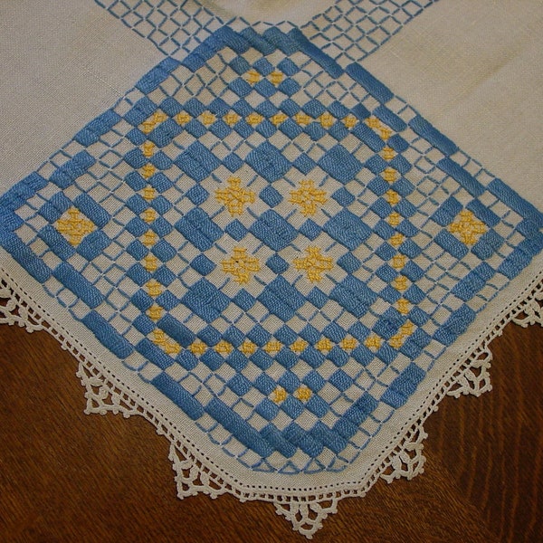 Lovely Vintage Linen Tablecloth with Extensive Embroidery Handwork in Blue and Yellow