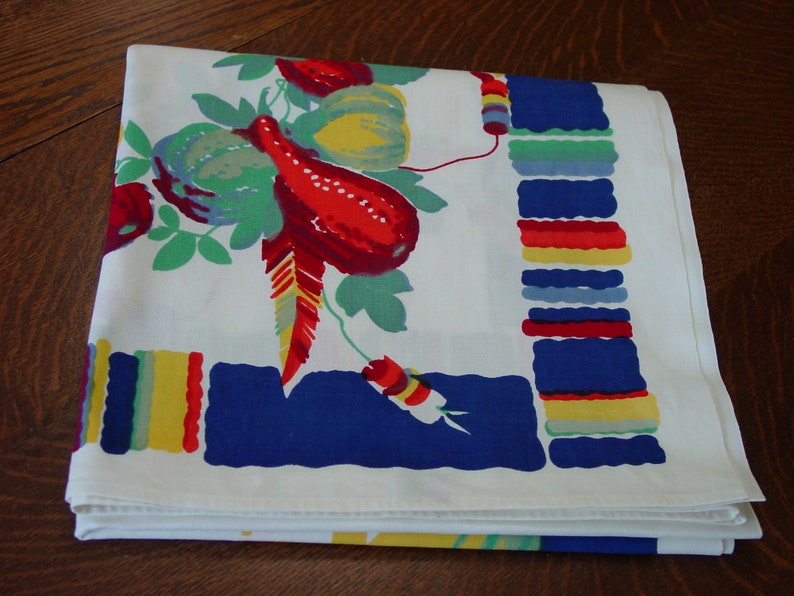 Super Vintage Wilendur Tablecloth Manjares 49 x 54 Bright Gourds, Pottery and Stripe Fiesta Time image 9