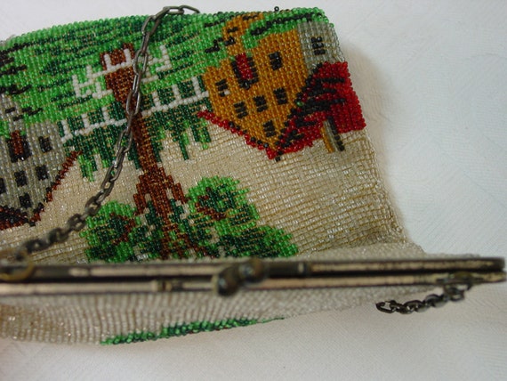 Beautiful Antique Beaded Purse Scenic Tree, House… - image 7