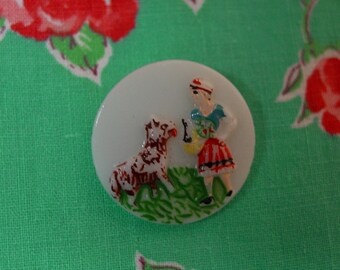 Pretty Vintage Glass Button 7/8"  Girl with Dog, Hand Painted