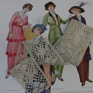 May include: A vintage fashion illustration featuring three women wearing different styles of clothing. The illustration is printed on a page with text describing the clothing designs and measurements. The illustration is surrounded by a delicate white lace trim.