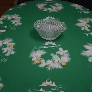 Vintage Christmas Tablecloth HUGE Wilendur 63 x 102" "Noel" Green with White Branches, Ornaments Little Houses