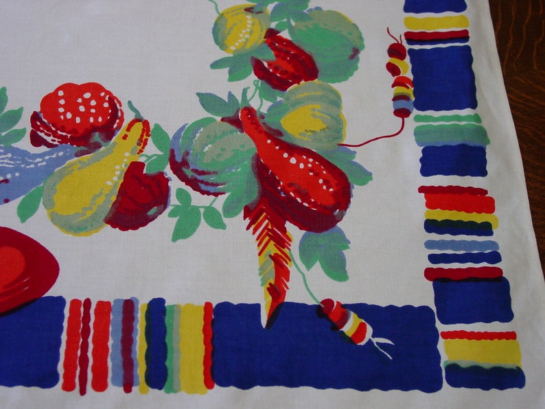 Super Vintage Wilendur Tablecloth Manjares 49 x 54 Bright Gourds, Pottery and Stripe Fiesta Time image 3