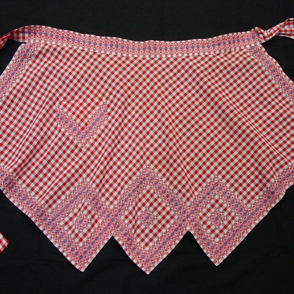Fun Vintage Apron Red White Gingham Check with Embroidery