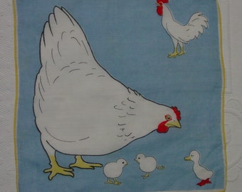 Fun Vintage Child's Hanky Hen with Chicks, Duck, Rooster Humorous 9 1/2"