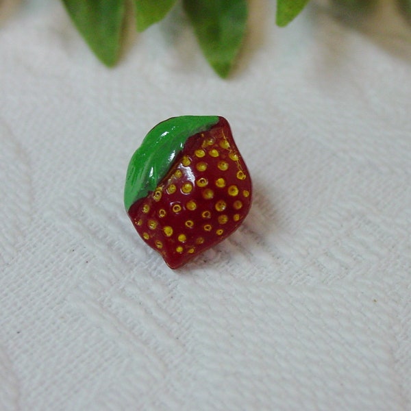 Cute Vintage Realistic Button Glass Strawberry Painted Tiny Seeds, Green Accent, 5/8"