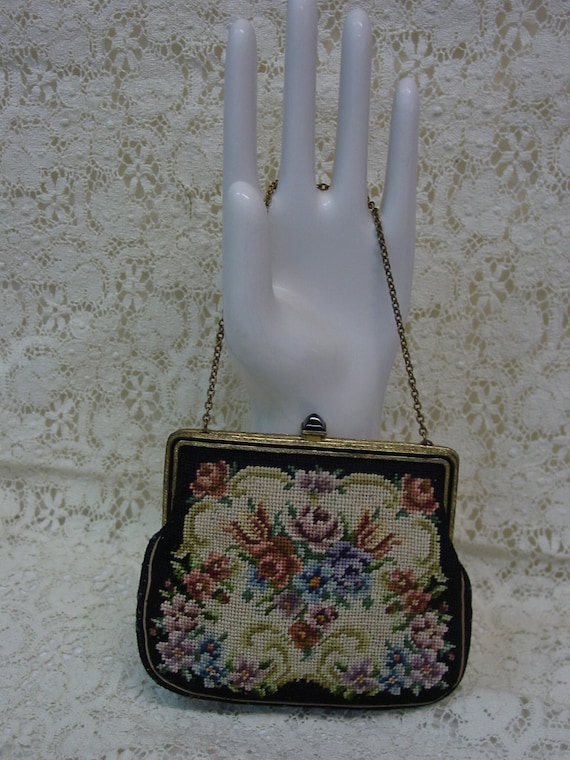 Pretty Antique Petit Point Purse Colorful Floral o