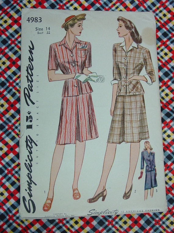 Vintage Pattern C.1944 Simplicity No. 4983 2 Piece Dress, Dickey Size 14 -  Etsy