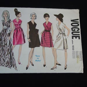 May include: A white Vogue pattern 1850 envelope featuring illustrations of five different dress styles. The text reads VOGUE pattern 1850 BASIC DRESS and Easy to Make. The illustrations show various lengths, patterns, and colors including zebra print.
