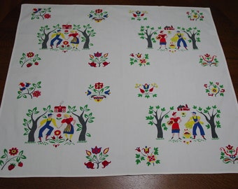 Fun Vintage Tablecloth 33 x 35" Wilendure "Country Life" Brightly Colored, Pennsylvania Dutch Style