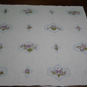 Cute Vintage Small Tablecloth White Linen with Purple and Blue Designs 34 x 34 image 2