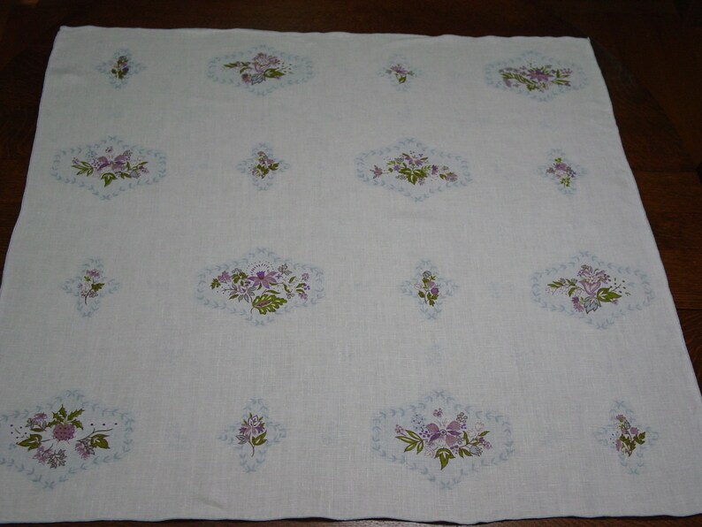 Cute Vintage Small Tablecloth White Linen with Purple and Blue Designs 34 x 34 image 2