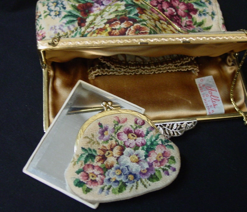 Gorgeous Antique Petit Point Purse Jolles Original Austria Colorful Blooms Mirror Excellent Coin Purse