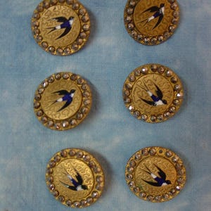 May include: A set of six circular gold-toned buttons, each featuring a central enamel illustration of a swallow in flight. The buttons are bordered by a ring of small, reflective metallic studs and have a textured, swirling background pattern.