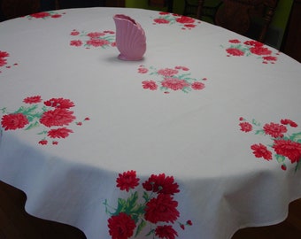 Charming Vintage Wilendur Tablecloth "Chrysanthemum" Red/Rose Blooms Large 53 x 68"