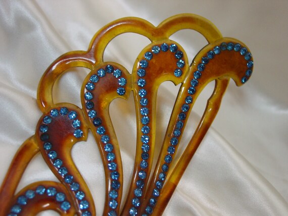 Vintage Antique Hair Comb Celluloid with Blue Sto… - image 2