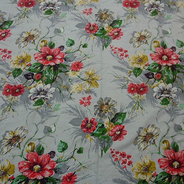 Pretty Vintage Barkcloth Drapery Panel  43 x 80" Grey Background Colorful Flowers 3 Available