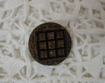 Antique Black Glass Button Gold Luster, Windowpane Design, Nice