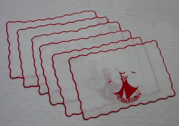 12 Vintage Marghab Madiera Linen Cocktail Napkins With Red Koi Fish