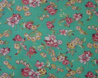 Pretty Vintage Feedsack Fabric  21 x 37" Deep Aqua Background, Pink, Yellow Flowers 2 Available