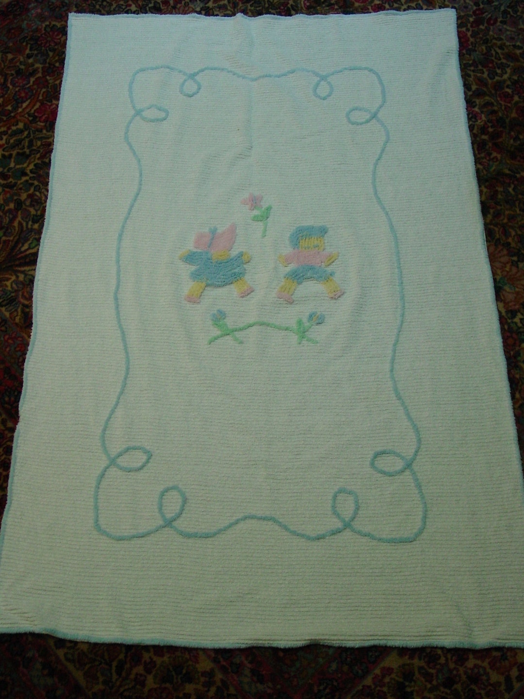 Sweet Vintage Chenille Baby Bedspread Crib Coverlet 40 X 64 Pastel