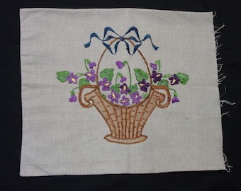 Pretty Vintage/Antique Pillow Top Embroidered Basket of Violets with Bow