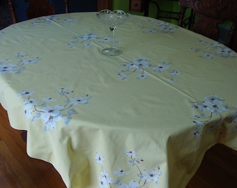 Nice Vintage Wilendur Tablecloth LG. 54 x 65" "Dogwood" Yellow with White, Grey Blooms As Is