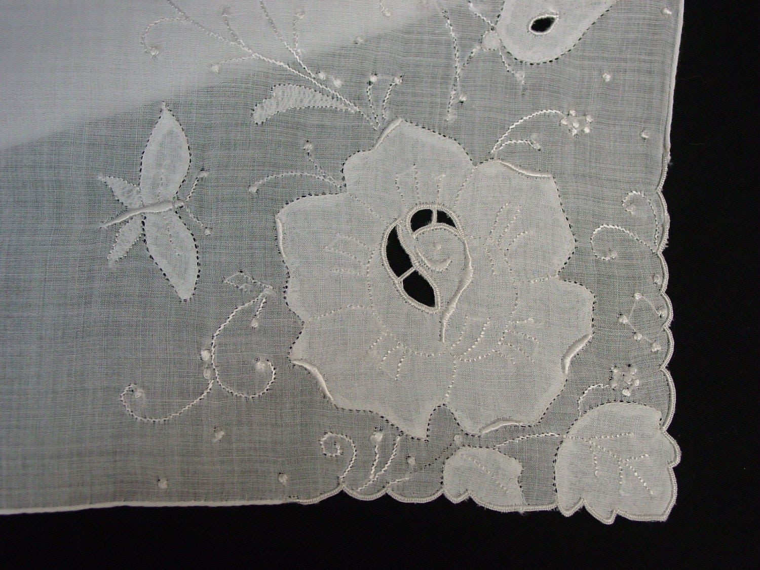 Vintage Hanky,Handkerchief Made in Madeira White on White Applique and Embroidery 14 1/2" Lovely