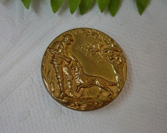 Antique Metal Picture Button 1 5/8" Man Hunting Petting Dog, Tree