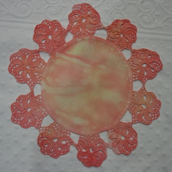 Vintage Doily, Linen, Crochet, Hand Dyed Textile Art 9 1/2" Orange Sherbert, Yellow