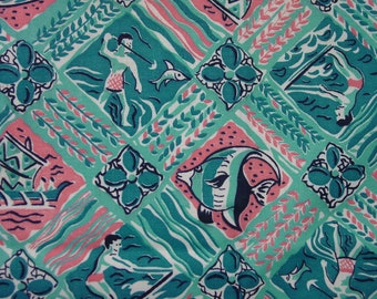 Super Vintage Novelty Feedsack Fabric 18 x 48 1/2" Bright Teal, Aqua, Pink with Tropical Graphics