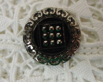 Antique Black Glass Button Silver Luster, Great Detail, Square 4 Way Shank