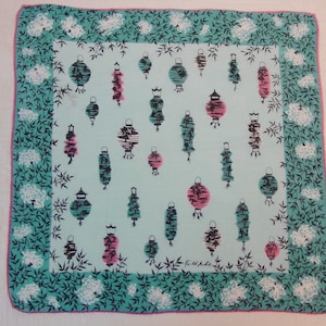 Nice Vintage Faith Austin Designer Hanky Chinese Lanterns Teal, Pink, Black